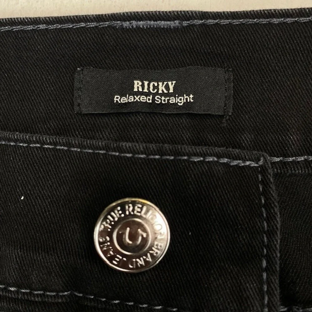True Religion Ricky Relaxed Straight Black Jeans Mens 36 Contrast Stitch Flap SN